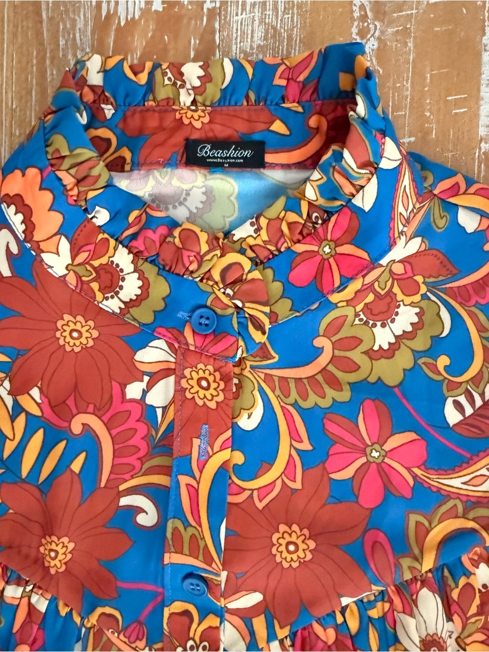 Beautiful Blue Floral Ruffled Neck Blouse Size M Like New!!